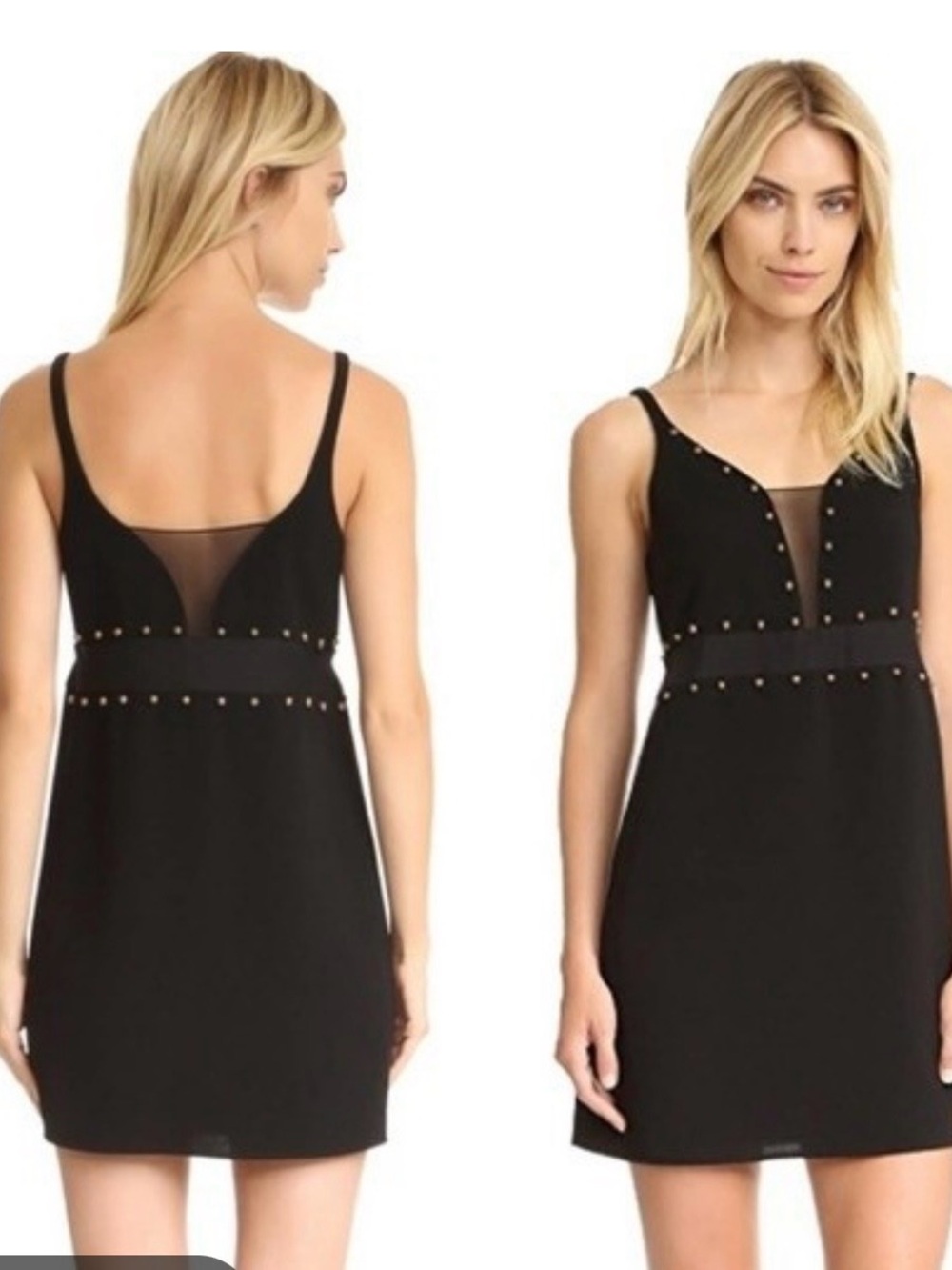 cinq a sept Black Stud-Trim Mini Dress with Sheer Inset size 6